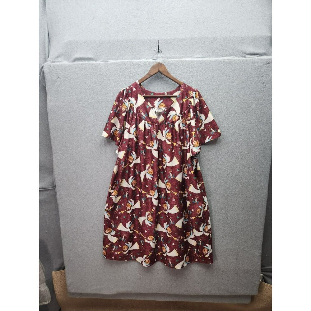 Anthony Richards Red Christmas Angel Print Dress 2X Short Sleeve Pullover 100% P
